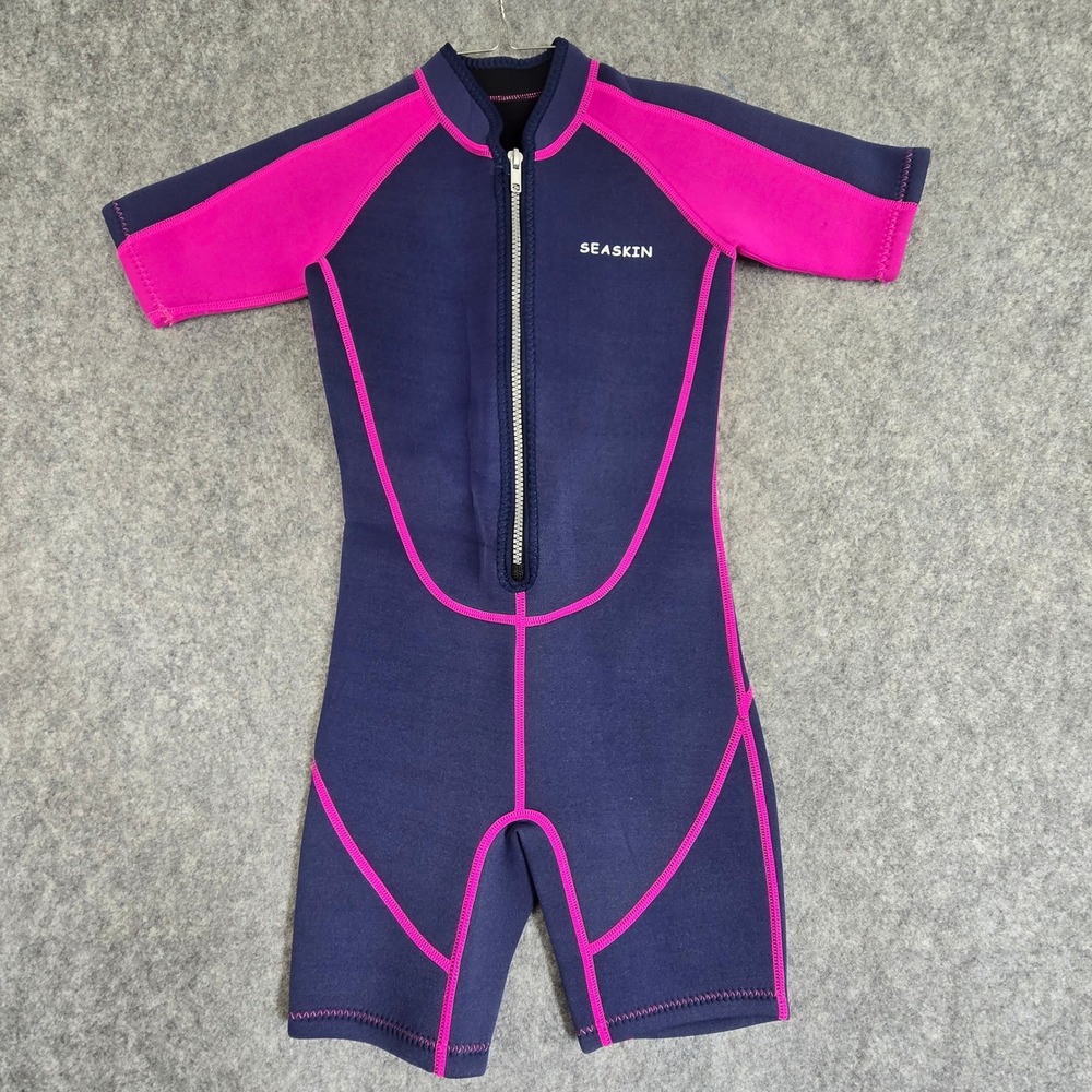 Seaskin Wetsuit Girls Size 6 Navy Pink Shorty Front Zip Short Sleeve Wetsuit